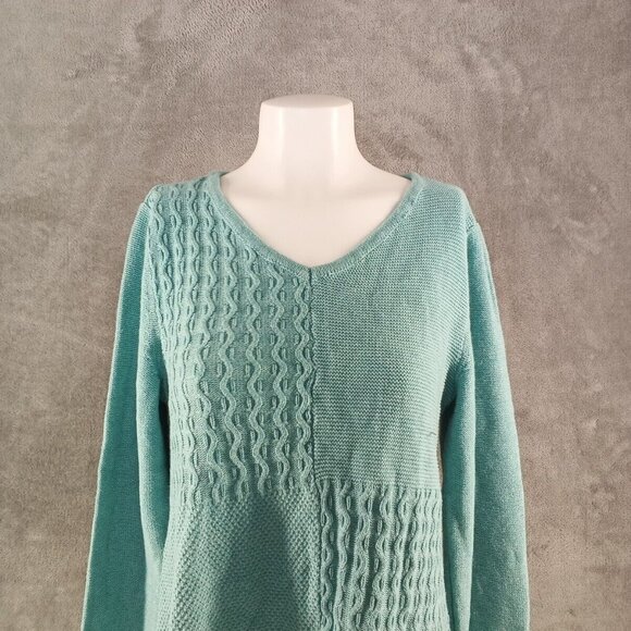 NWT KAREN SCOTT Textured Patchwork Sweater MEDIUM(8-10) Teal Aqua Cotton V-neck - Picture 2 of 12